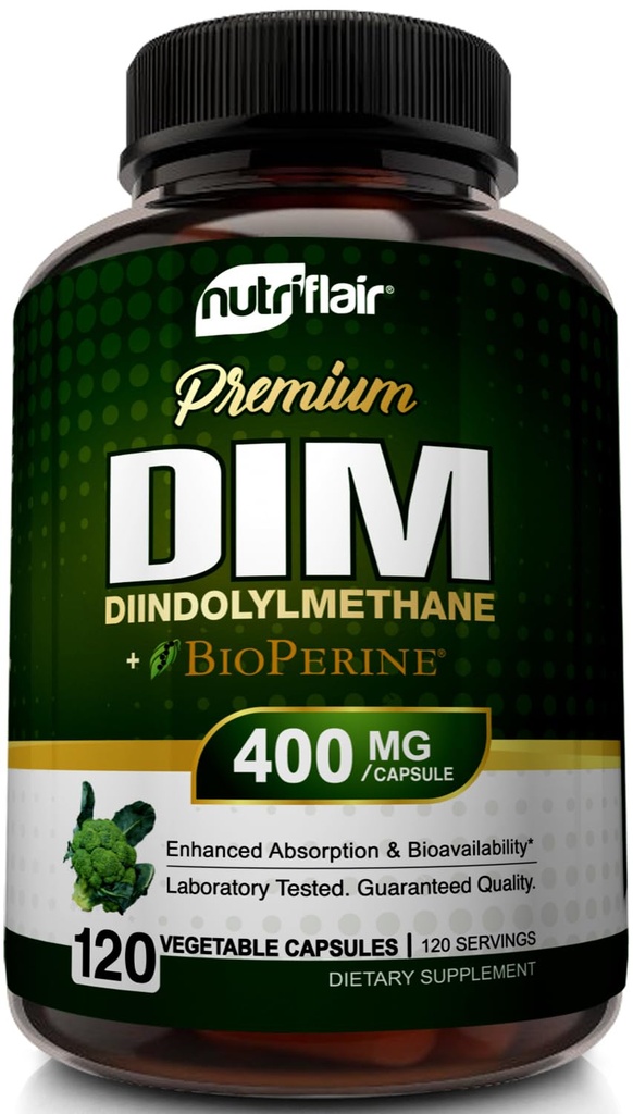 Nutric Flair DIM Supplement 400mg with Bioperine, 120 kapsułki - Diindolilometan - Estrogen Metabolic Support & Hormon Balance, Menopauza, PCOS, trądzik i pielęgnacja skóry dla mężczyzn i kobiet - Porównaj do 300 mg