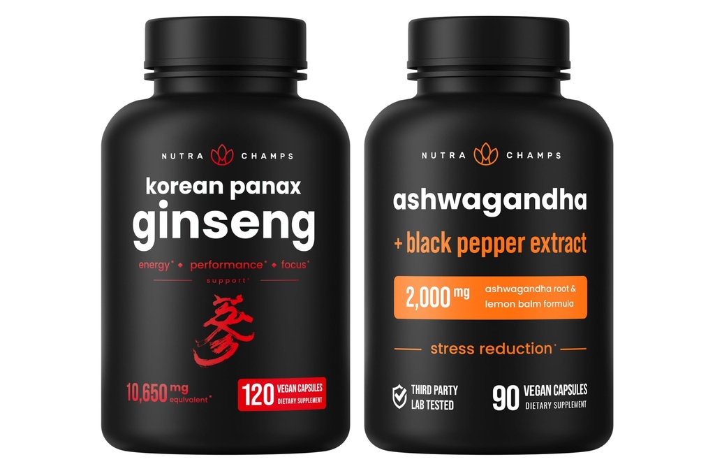 NutraChamps Koreański Ginseng Kapsułki i Ashwagandha Kapsułki 2 Pack Bundle