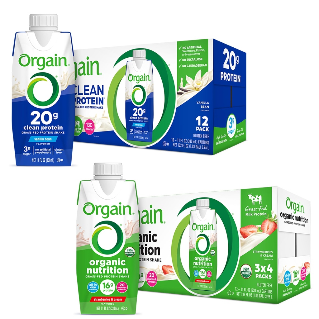 Orgain Czyste białko Shake, trawa karmiona Dairy, Vanilla Bean (opakowanie po 12) i Orgain Organic Nutritional Protein Shake, truskawki i śmietana (opakowanie po 12)