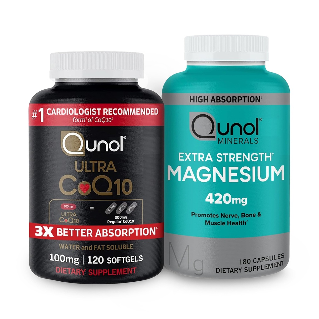 Qunol CoQ10 100mg Softgels, 3X Lepsze wchłanianie 4 Miesiące Dostawy + 120 Hrabia Magnezu Glicynian Kapsułki 420mg, Wysoka Absorpcja Suplement Magnezu, 180 Hrabia