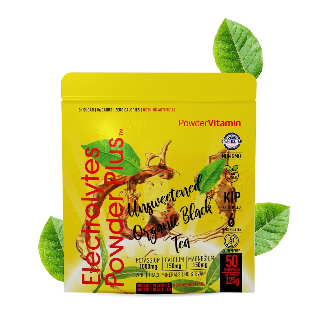 Proszek PowderVitate Electrolytes Plus (50 Servings) Niesłodzony czarny Tea Electrolyte Proszek Keto, CugarFree, Pink Himalayan Salt, 1000mgPotasu, 150mgWapń, 150mgMagnez, Proszek nawadniający NO STEVIA