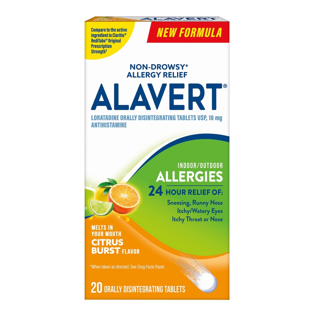 Alavert Allergy 24 Hour Relief, Citrus Burst Flavor, orally Disintegration Allergy Tablets, Non- senny Antihistamine, Loranium 10mg, 18 Count