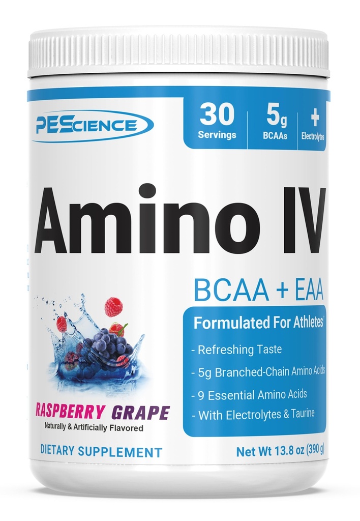 PEScience Amino IV BCAA & EAA Proszek, Esencjalne aminokwasy, Tauryna, Elektrolity do nawadniania i odzyskiwania mięśni, Cukier wolny dla mężczyzn i kobiet, Post Workout - Malina Grape - 30 Służenia
