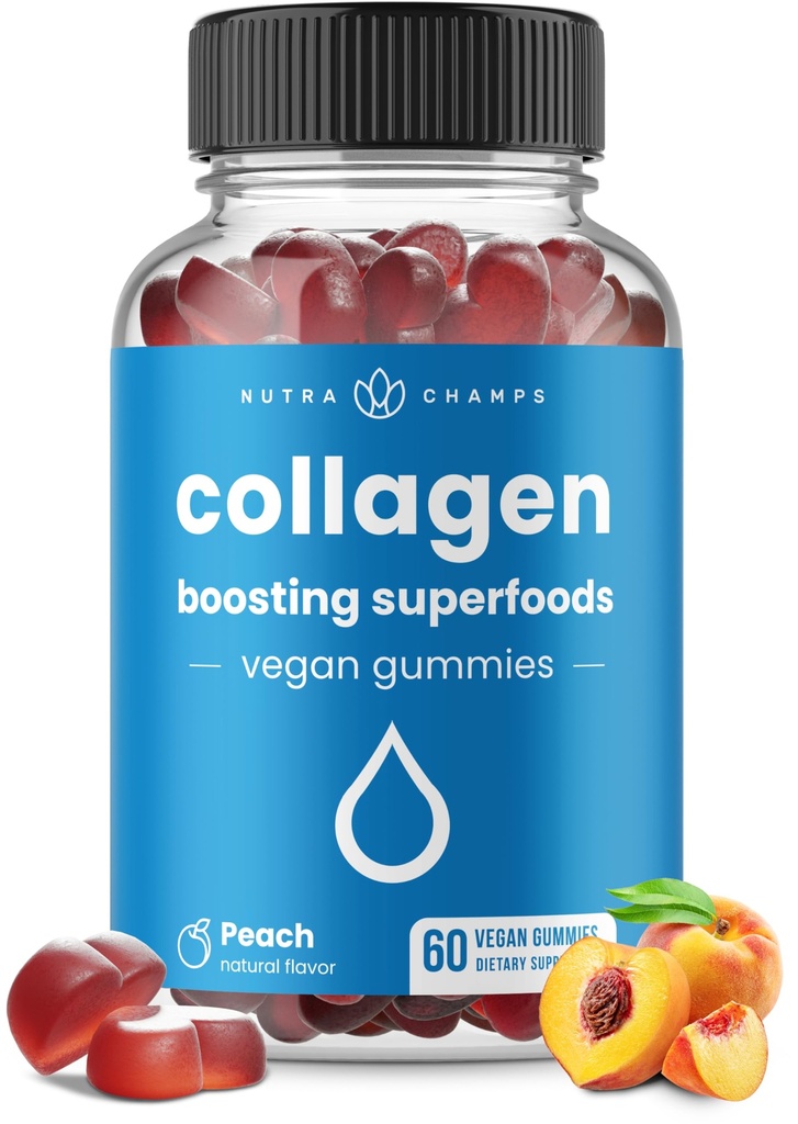 NutraChamps Collagen Boosting Gummies, Colagen Booster Gummy do naturalnej produkcji Kolagenu, Vegan Pectin Supplements Chews for Women & Men, 60 Peach Vitamin Gummies
