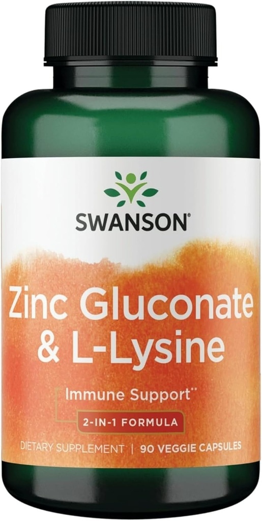 Swanson Zinc Gluconate '&' L- Lysine - 2- in-1 Formuła 90 Czapki Veg