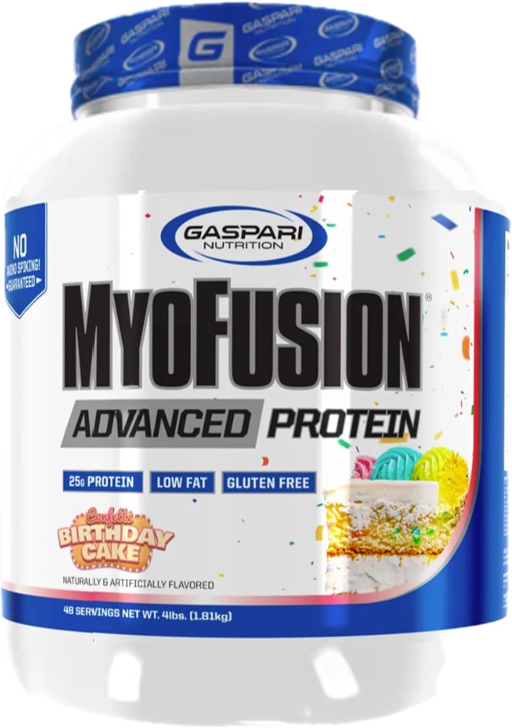 Gaspari Nutrition Myofusion Zaawansowane białko, mieszanka białka z białkiem serwatki, białko kazeiny i izolacja białka, niskiej zawartości tłuszczu i gluten (Tort urodzinowy, 4 funt)