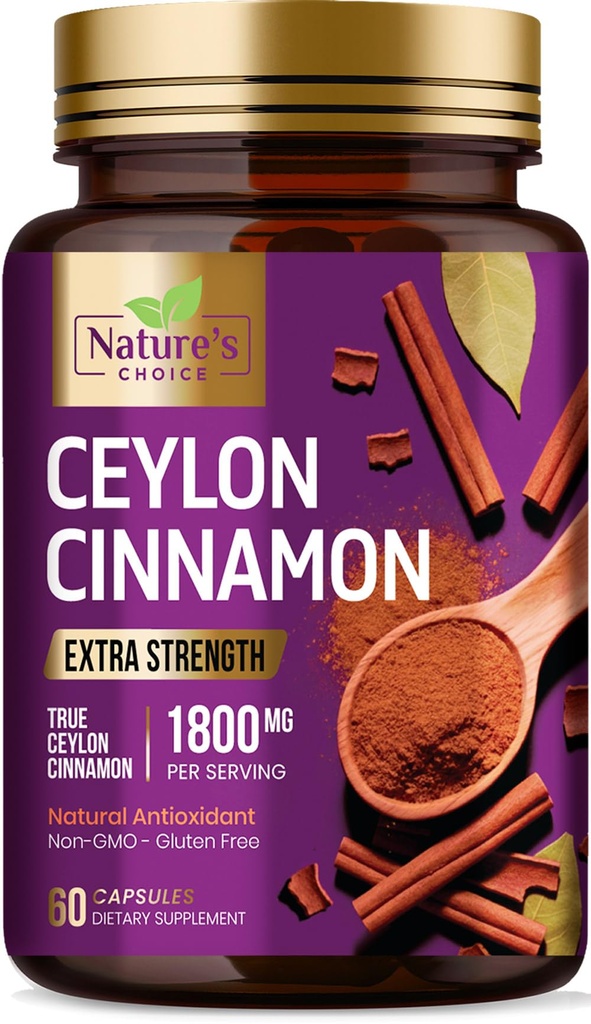 Ceylon Cynamon kapsułki 1800mg - Certified Organic Cynamon, Butelki w USA, & Czysta dodatkowa siła Ceylon Cynamon suplement, Pigułki przeciwutleniające, Non-GMO & Gluten Free, Cukier wolny - 60 Kapsułki