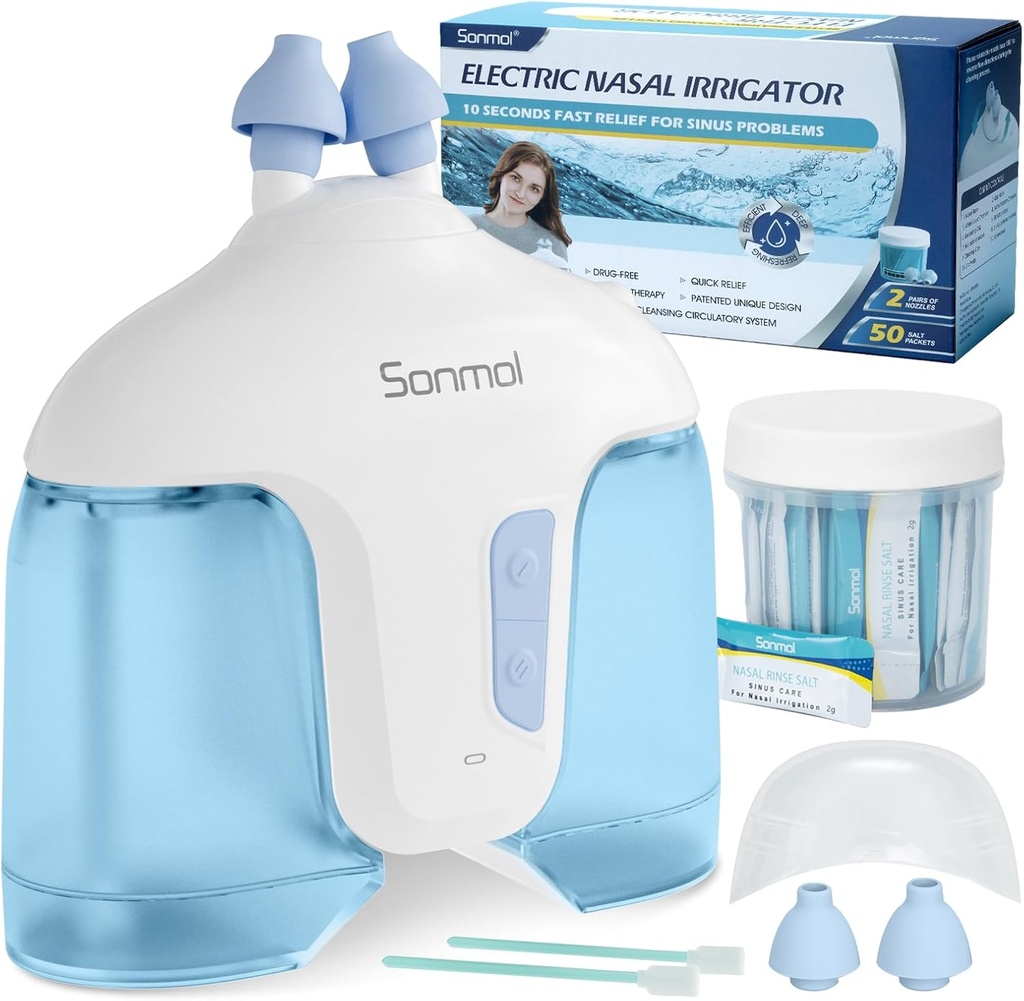 Sonmol Elektryczny system nawadniania nosa (nawadnianie nosa, niebieski), Oczyszczarka nosa dla Sinus Adult, Self-Cleaning Oczyszczanie nosa z 50 Pakiety Saline