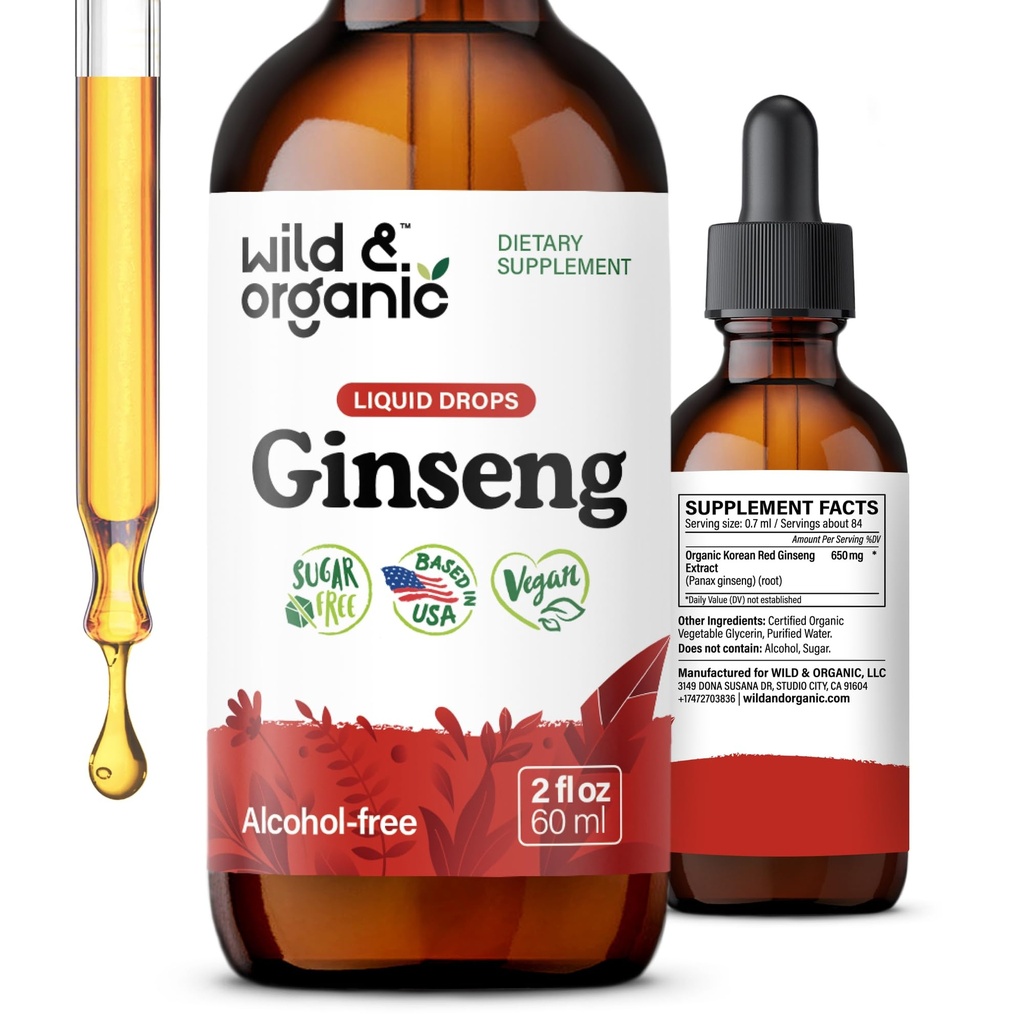 Wild & Organic Koreański czerwony Ginseng ekstrakt krople - Panax Ginseng Suplement do wsparcia immunologicznego - Płynny korzeń nalewka dla ogólnego Well- Being - Wegan, Cukier i Alkohol - 2 fl oz
