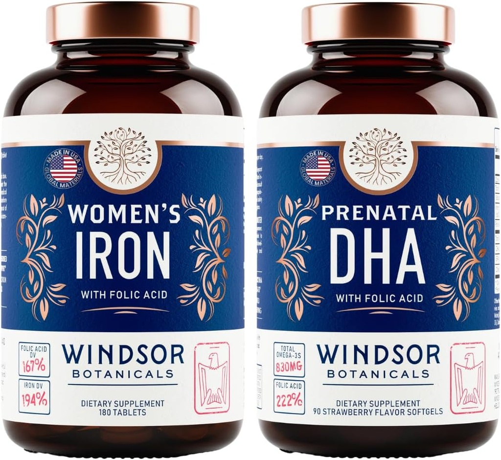WINDSOR BOTANICALS Prenatal DHA i Iron Pills dla kobiet z kwasem foliowym - Prenatal Witamina Bundle