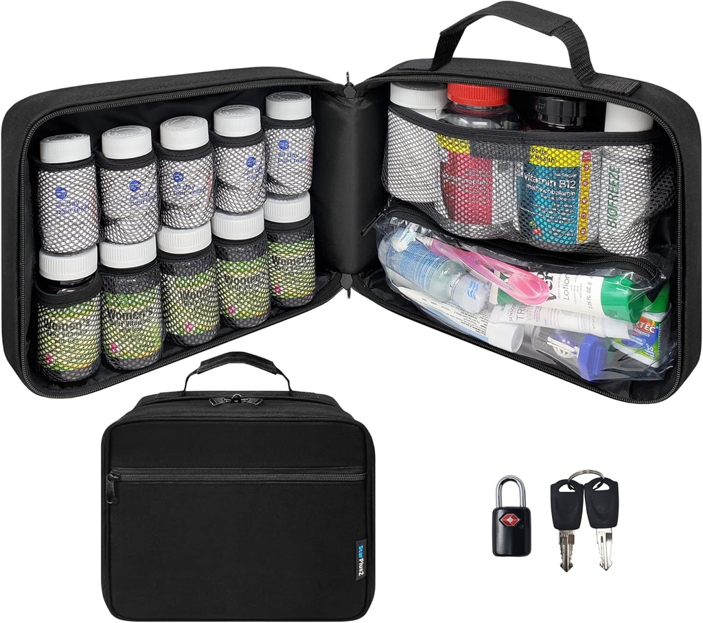 Duża wyściełana butelka butelka organizer, Medicine Bag, Case, Carrier for Medications, Witaminy i Dostawy medyczne - Travel Medicine Organizer and Home Storage Med Bag - Black (z TSA Lock)