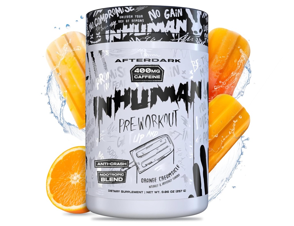 AFTERDARK INHUMAN Proszek do przygotowania do ćwiczeń, Wzmocnione połączenie mięśni Mind-, Trwała energia, mocny mieszanka nootropowa, Wegan, Gluten- Free, Soy- Free, 400mg kofeina, No Crash, Orange Creamsicle