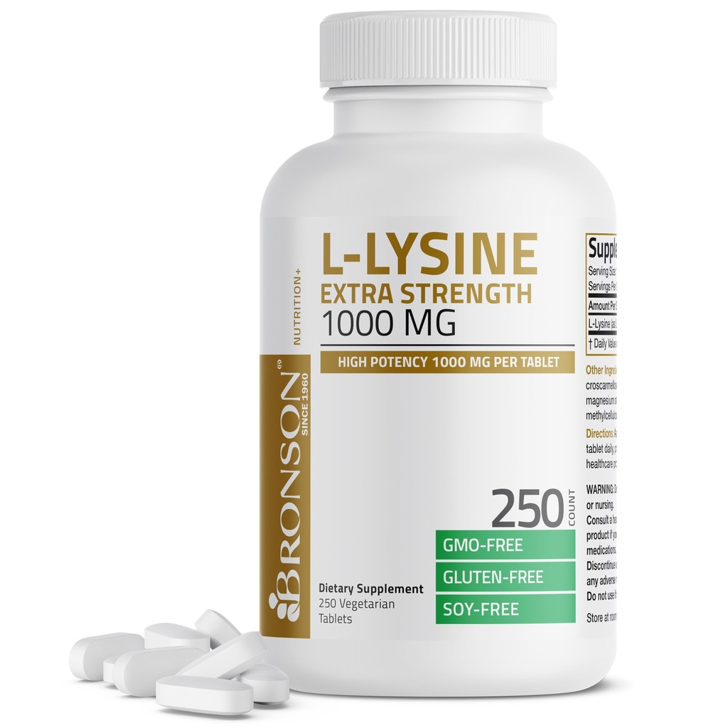 Bronson L- Lysine Dodatkowa Siła 1000 MG na tabletkę Wysoka moc, Wsparcie immunologiczne & Wsparcie Syntezy Collagen, Non-GMO, 250 Tabletki wegetariańskie