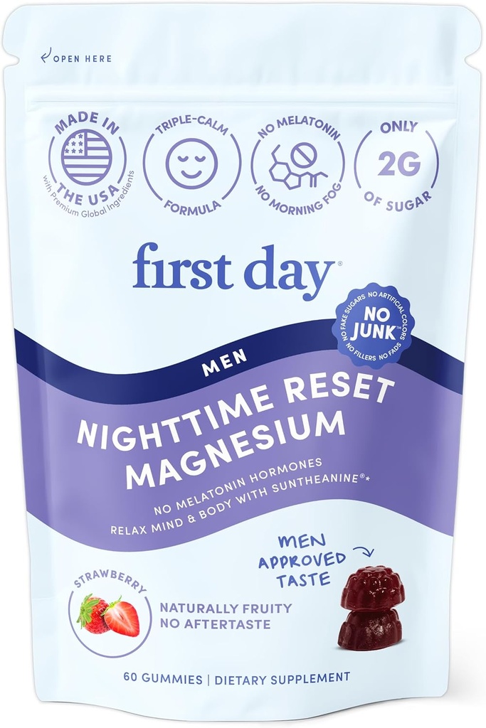 Pierwszy dzień Mężczyźni 's Nighttime Reset Calming Gummies Magnezu - Pomoc snu wspomaga spokojny odpoczynek, Balanced Mood & Energy - Suplement z cytratem magnezu, L- Theanine & No Melatonin - 30- Day Supply