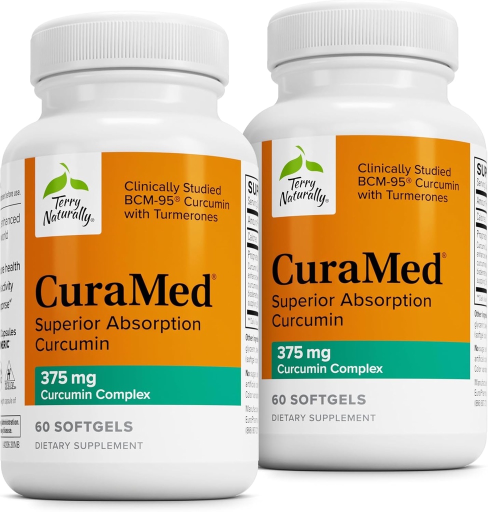 Terry Natural CuraMed 375mg - Suplement przeciwutleniający do Wspomagania Mózgu i Zdrowia immunologicznego - Suplement diety z Curcumin & Turmeric Esential Oil - Herbal Liver Support - 60 Softgels (Opakowanie 2)