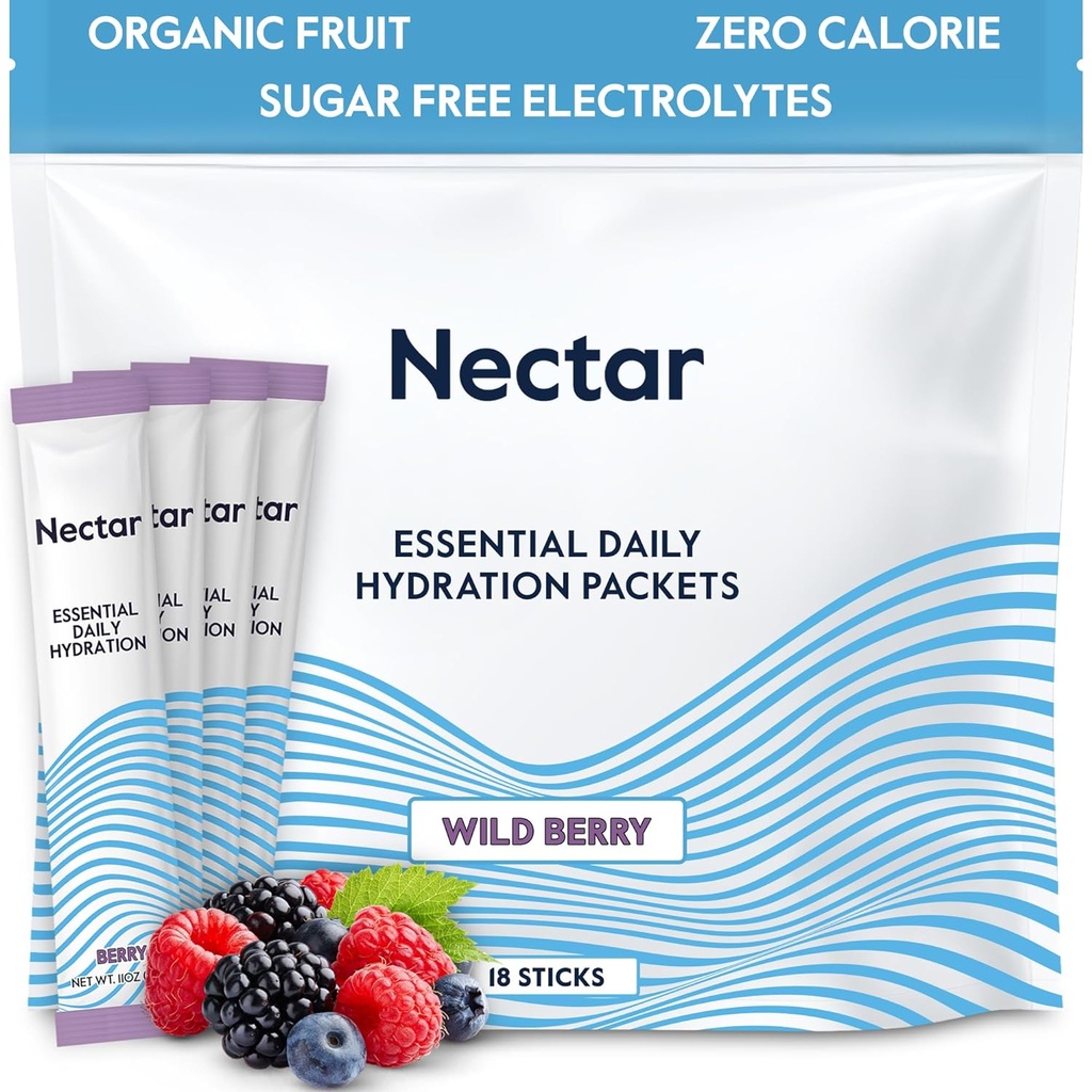 Pakiety nawodnienia nektaru - Pakiety proszku elektrolitów - bez cukru lub kalorii - Pakiety płynne owoców organicznych IV Hydrate do odwadniania i szybkiego nawadniania (Berry 18 Pack)