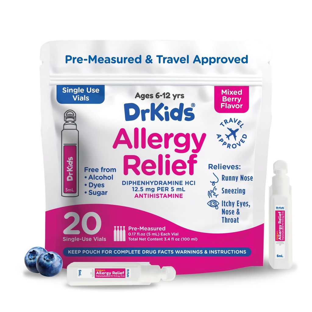 Dr Dzieci Alergia leki ulgowe z difenhydraminą - Zmierzone jednorazowo - Fiolki, Antyhistaminy dla dzieci do kichania, Nose Runny & Swędzacze oczu, Mieszane Berry Flavor, 20 Count (Pack of 1)