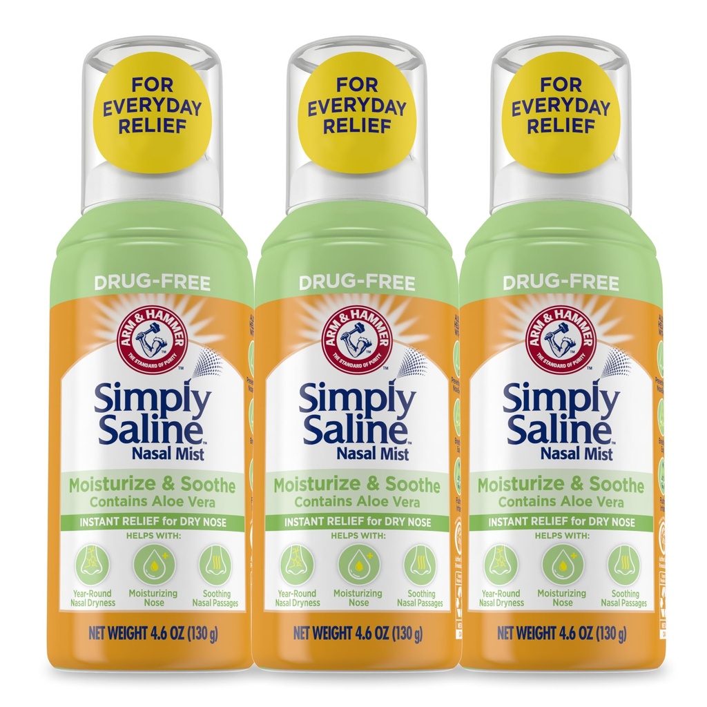 Ramię i młot Po prostu namoczyć i soothe Nasal Mist, Nash-Free Nasal Moisturizing Saline Nasal Spray dla natychmiastowej ulgi dla suchego nosa, 4.6 Oz (130 g), 3 Pack