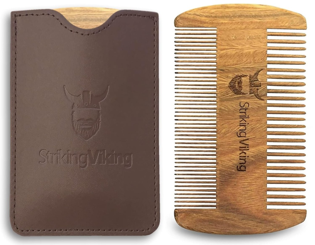 Striking Viking Sandalwood Beard Comb & Case - Pocket- Sized Grooming Narzędzie z cienkich i grubych zębów, Perfect for use with Balms & Oils