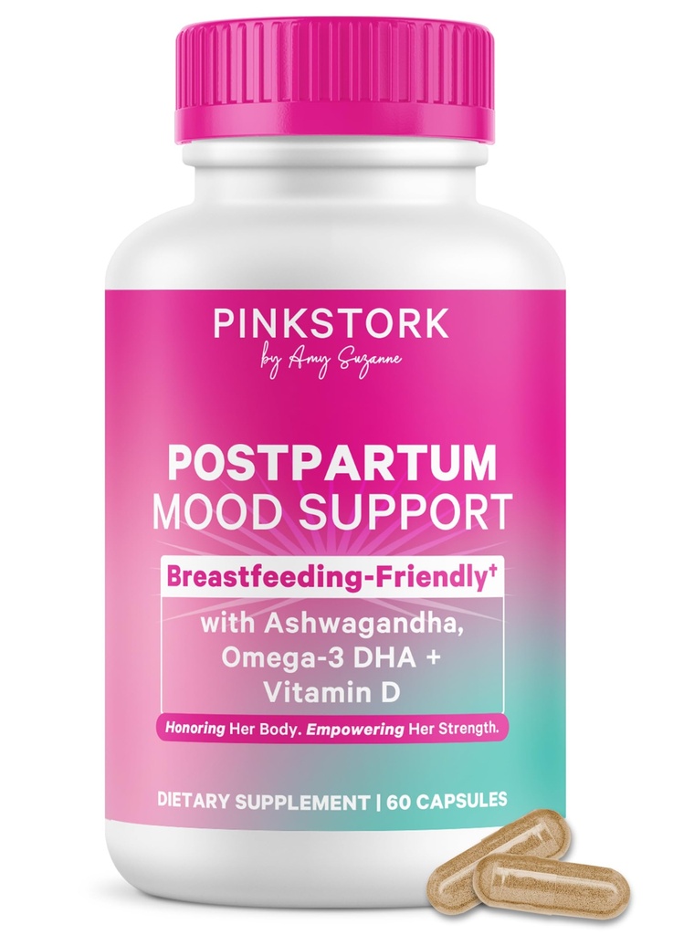 Różowy bocian Postpartum Mood Support - Postępowy hormon Równowaga dla kobiet - Karmienie piersią Przyjazny - Stres & Wsparcie poznawcze, Nowe Mama Essentials - Ashwagandha, Rumianek, & Witamina D, 60 Kapsułki