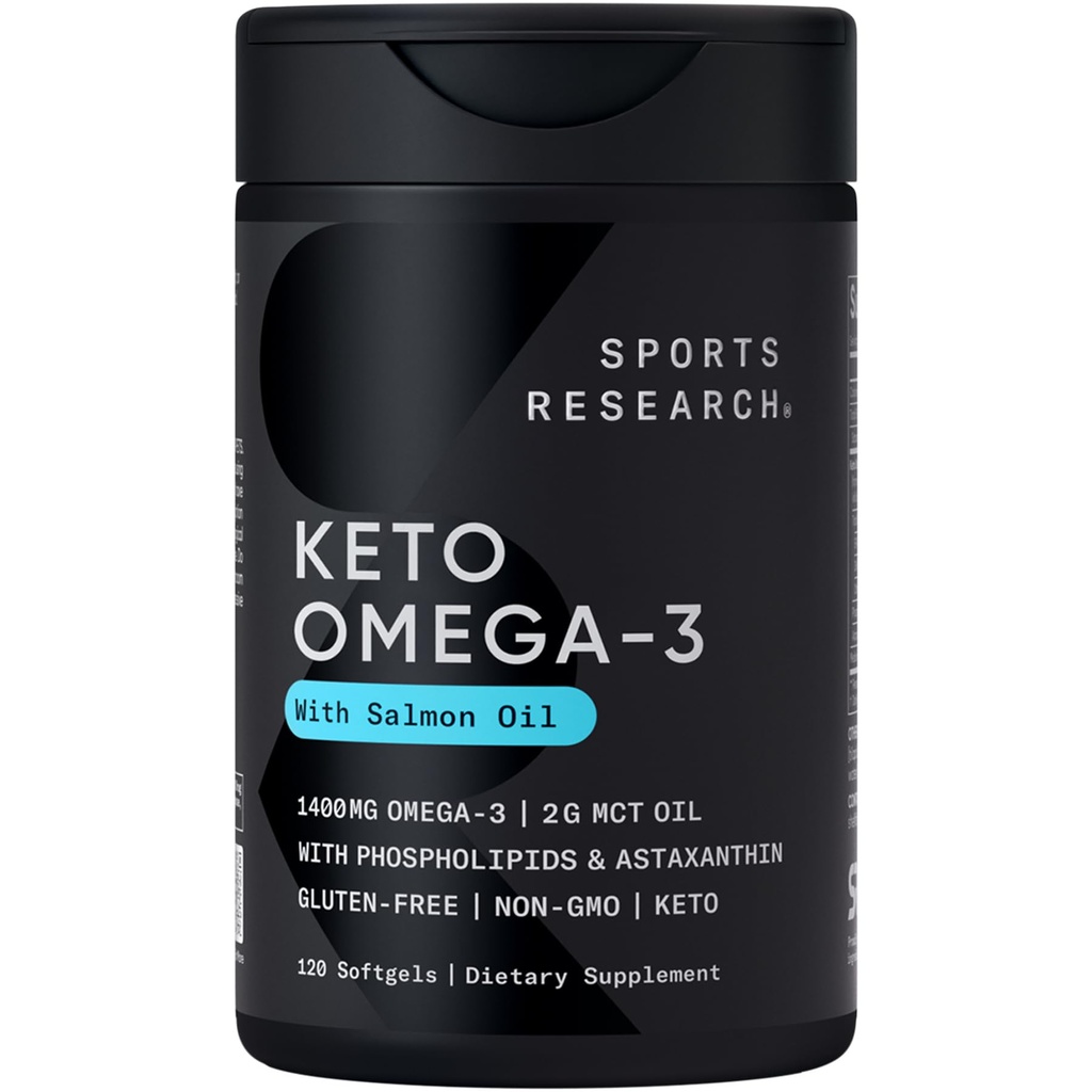 Sports Research ® Keto Omega Fish Oil 1400mg - Full Spectrum Omega-3 Mieszanka z Astaksantyny i Kokosowego oleju MCT - Keto Certified, Soy & Gluten- Free (120 Softgels)