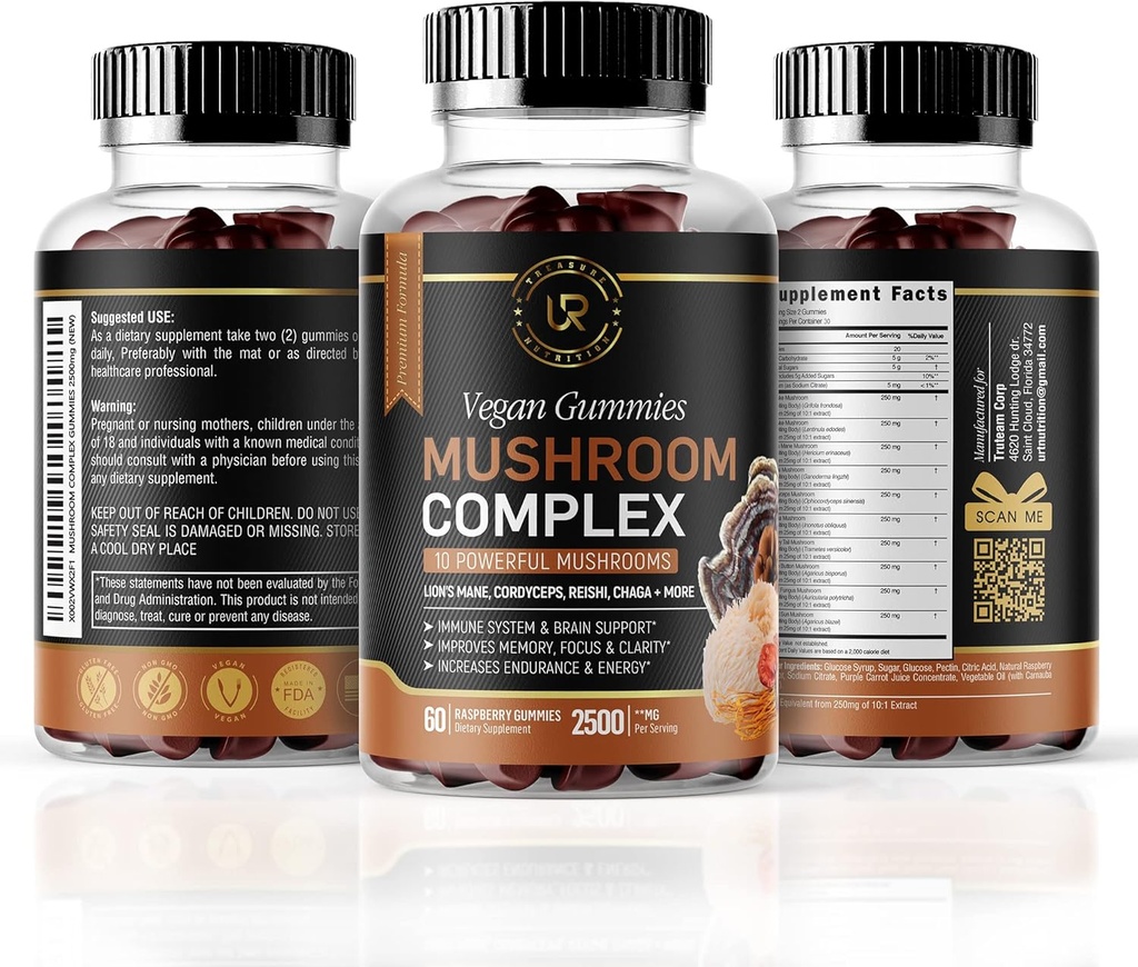 Grzyby Gummie Gummies 124; 10 Grzyb Suplement Gumowy 124; 2500mg Grzyb 124; Indyk Ogon, Chaga, Reishi, Cordyceps & Lions Mane Organic Mushroom Extracts, Nootropic Brain Booster (180 Count (Pack of 3))