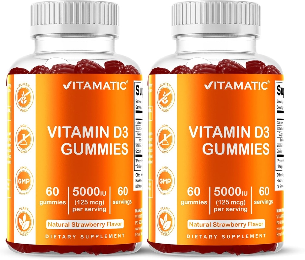 Witamina Witamina D3 Gummies - 5000 IU Per Gumy 124; 60 Gummies per Bottle Attachment 124; Opakowanie 2 (Total 120 Count) Great Taste Attachment 124; Wspiera kości, zębów, nastrojów, Joint & Immune Health
