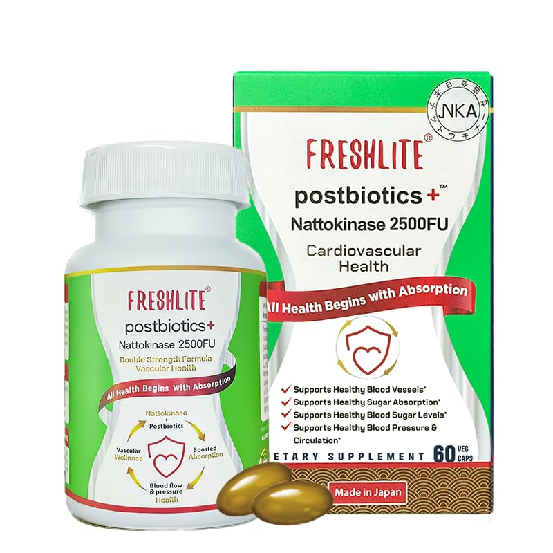 FRESHLITE 2500FU Premium NSK- SD Nattokinaza & Wegan Postbiotyki do wspomagania układu sercowo-naczyniowego 124; Ciśnienie krwi, Cholesterol & Heart Health 124; JNKA Certyfikowany 124; Non-GMO, Gluten- Free, 60 Kapsułki Japonia Made