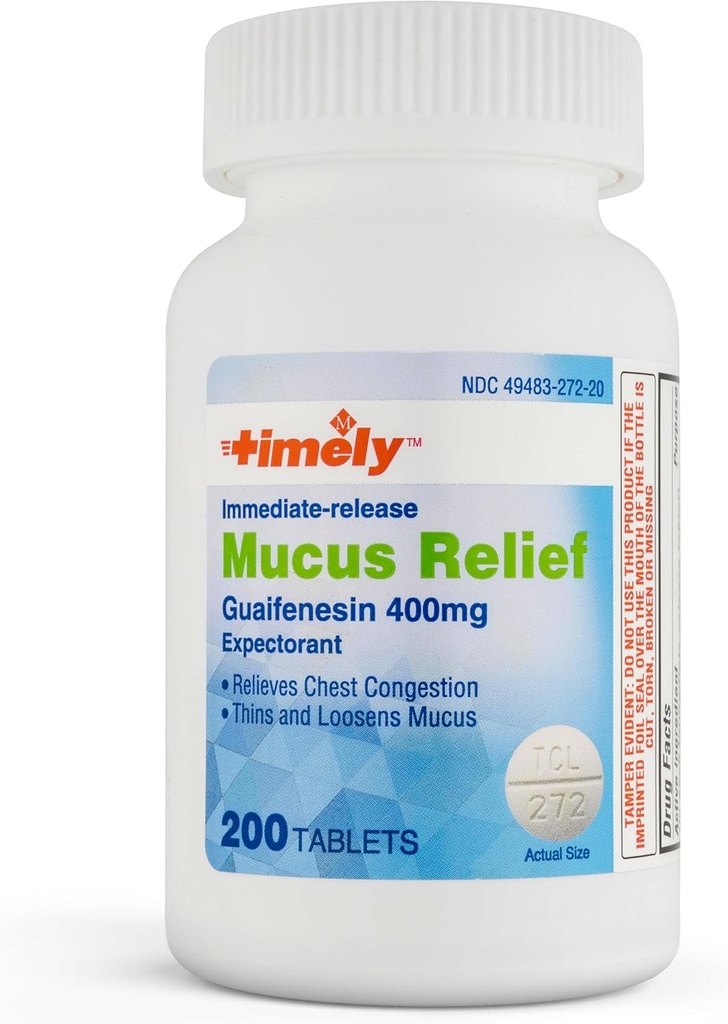 LABS TYME- CAP, INC. Relief Guaifenesin 400mg 200 tabletek - Release Release Mucus Phlegm Relief - Expectorant for Mucus Removal, Przekrwienie klatki piersiowej, Flu, Przeziębienia, Alergie