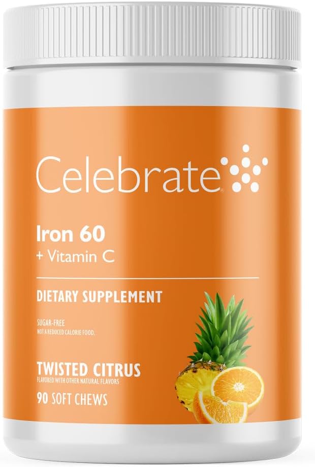 Świętuj Witaminy Żelazo Suplement z 60 mg Żelaza i Witamina C - Citrus Chewables dla pacjentów w podeszłym wieku, Gastric Bypass & Sleeve Gastrektomia Wsparcie - 30 Tabletki do konserwacji zdrowia po operacji