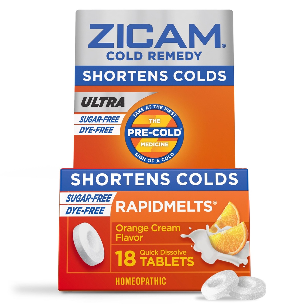 Zicam Ultra Cold Remedy Cynk Rapidmelts, Pomarańczowy aromat śmietankowy, Homeopatyczne, Cold Shorting Medicine, Skróty zimnego czasu trwania, Cukierka - Free, Dye- Free, 18 Count