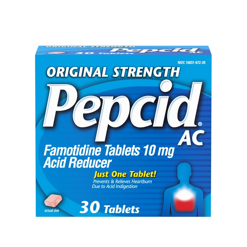 Pepcide AC Oryginalna siła Heartburn Relief Tablets, OTC Medicine Zapobiega i łagodzi Heartburn & Acid Refluks Ze względu na niestrawność kwasu, 10 mg Famotydyna Acid Reducer, Fast- Acting, 30