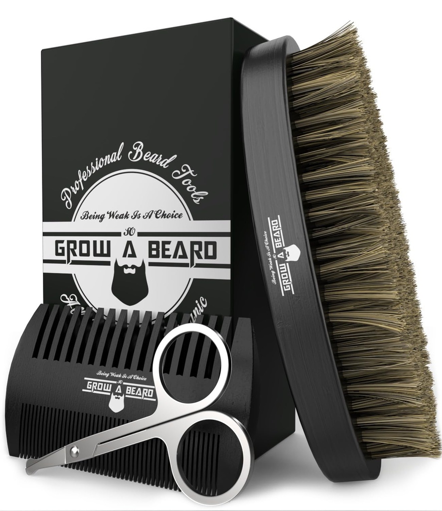 Broda szczotka dla mężczyzn i brody grzebień Zestaw w / wąsy nożyce do golenia, Natural Boar Bristle Brush, Dual Action Wood Comb, i podróżny worek wielki na Boże Narodzenie prezent