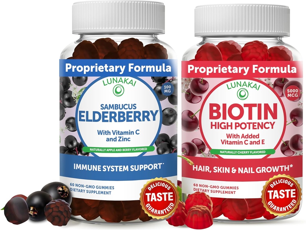 Lunakai Biotin & Elderberry Gummies Bundle - Gummy do wzrostu włosów, Glow skóry i silniejsze paznokcie z witaminą C i E - Suplement wsparcia immunologicznego dla dorosłych i dzieci