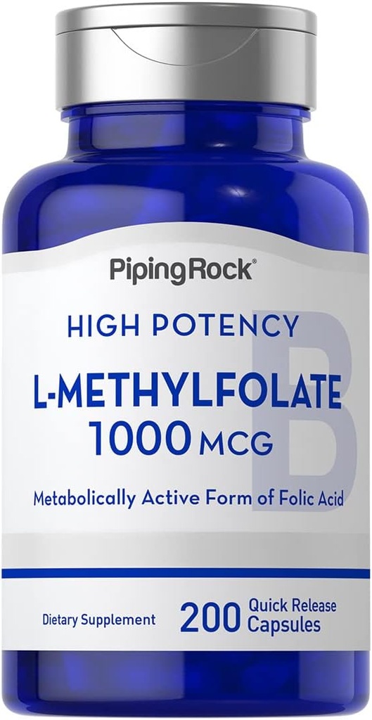 Piping Rock L Methylfolate Supplement Equipment 124; 1000 µg Equipment 124; 200 kapsułek Equipment 124; Active Form of Folic Acid Equipment 124; Non-GMO, Gluten Free