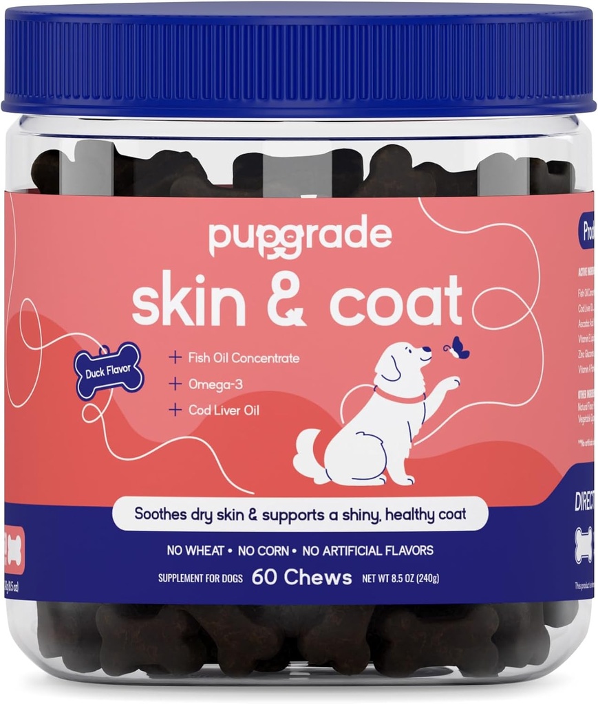 Supgrade Skin & Coat Soft Chew Suplement dla psów - Wspiera zdrową skórę, płaszcz i funkcję immunologiczną - Bogaty w naturalny olej rybny, kwasy Omega tłuszczowe i witaminy - 60 Soft Chews