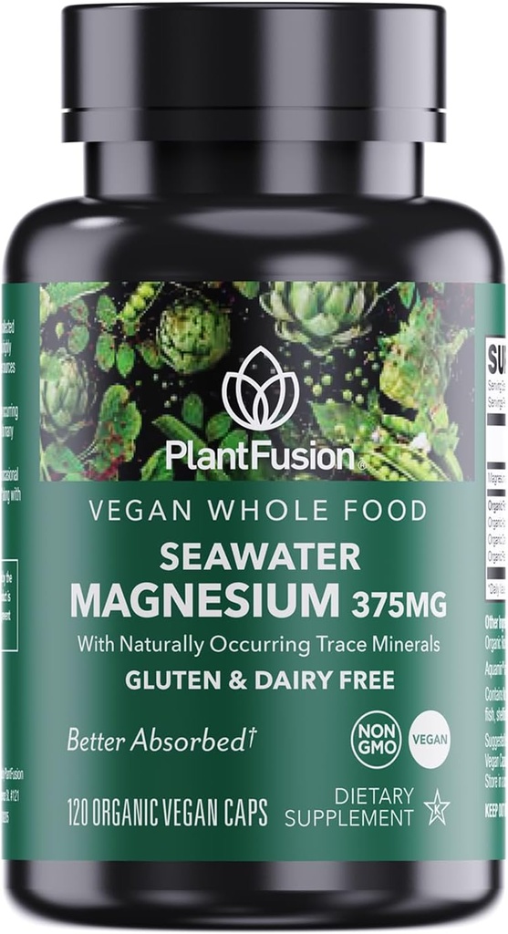 PlantFusion Vegan Magnez Complex 375mg z wody morskiej, Bioavailable Marine Magnez z fermentowanym organicznym mieszanką żywności, Non-GMO, Wsparcie mięśni i relaksacji, 120 Cap