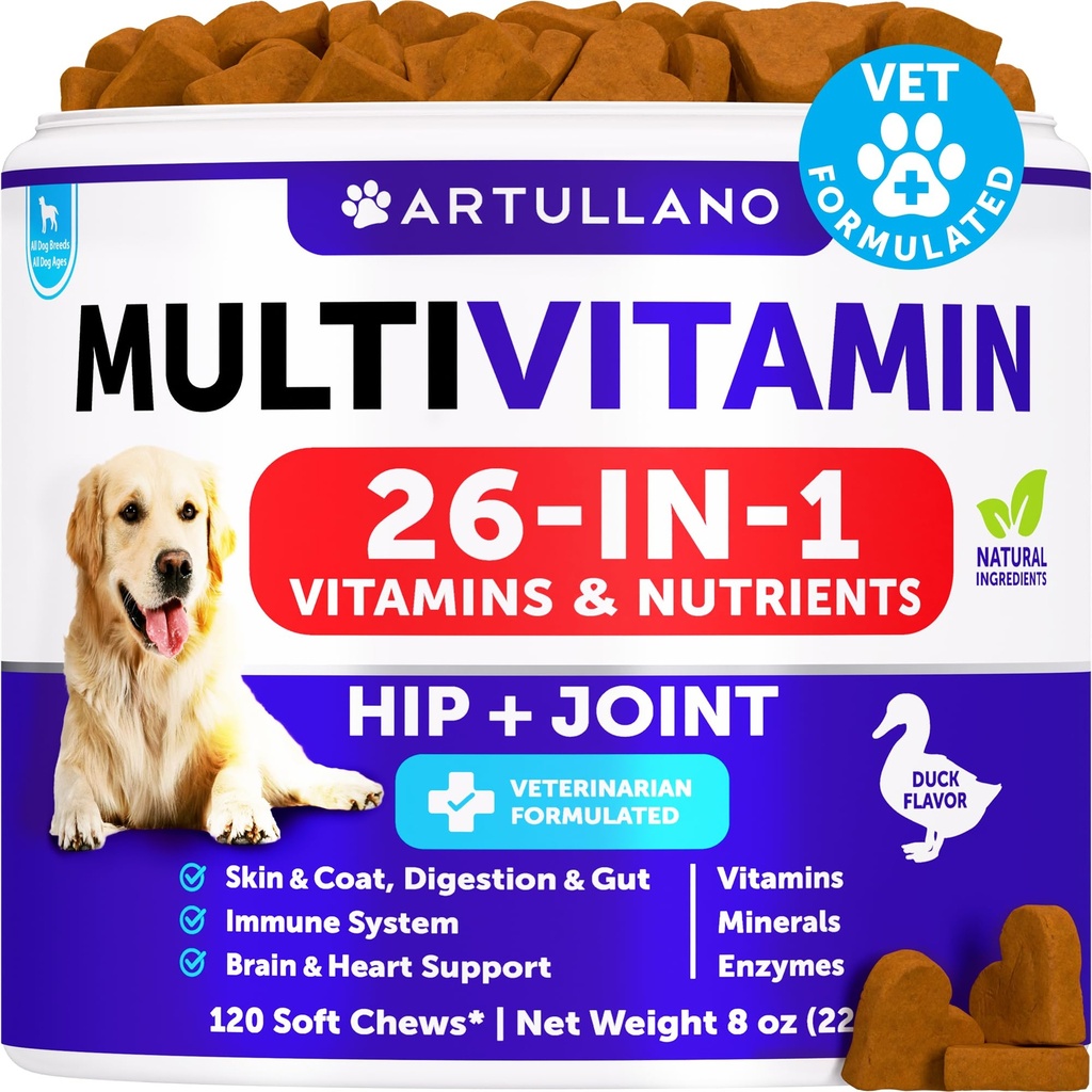 Pies Multivitamin Chewable z Glucozamine 26 in 1 - Pies witamin i suplementów - Senior & Puppy Multivitamin dla psów - Pet Joint Support Health - Immunitet, Mobilność, Gut Skin - 120 Chews
