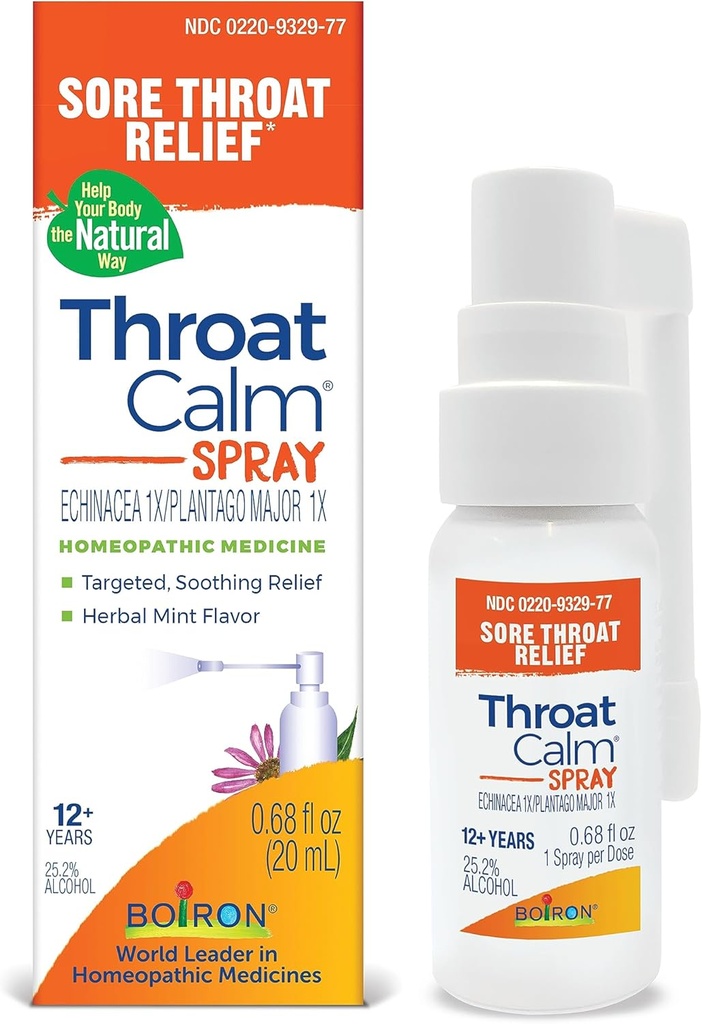 Boiron ThroatCalm Spray for Soothing Sore Throat Relief - Plant- Napędzane Echinacea - Natural, Mint- Like Herbal Flavor - Non- Numbing & Benzocaine- Free - .68 Fl Oz