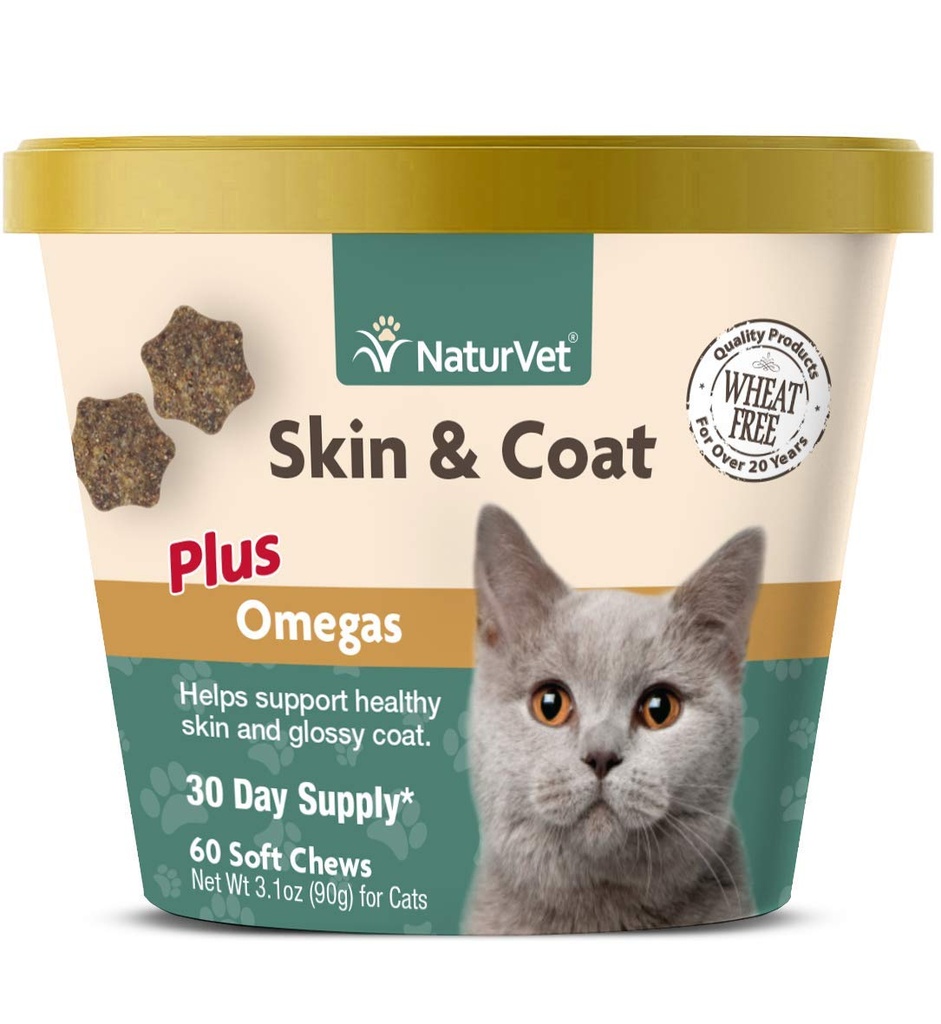 NaturVet - Skin & Coat Plus Omegas dla kotów - 60 Miękkich Przeżuć 124; Wspomaga zdrową Skórę & Glossy Coat 124; Wzmocnione Omega-3, Omega- 6 i Biotin 124; 30 Day Supply