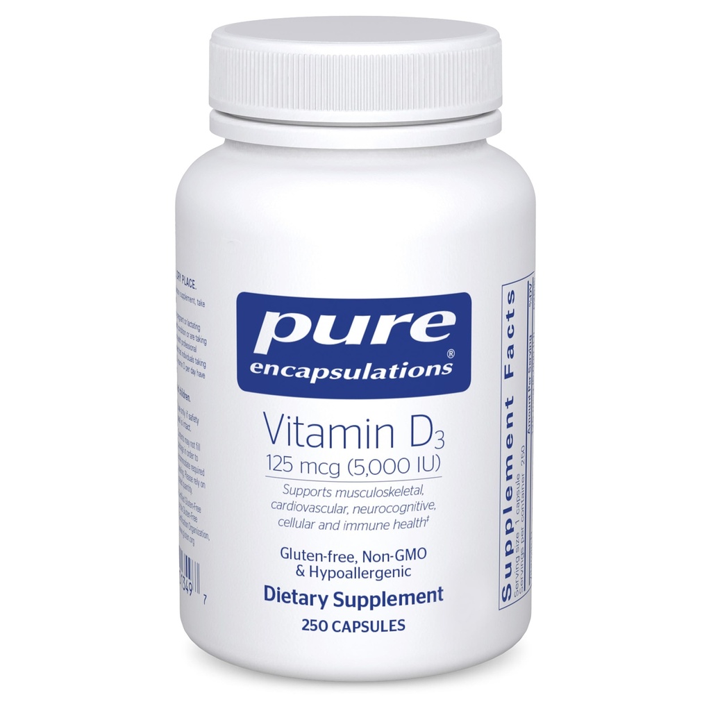 Pure Encapsulations Witamina D3 125 µg (5000 j.m.) - Suplement do wsparcia kości, stawów, piersi, serca, Colon i zdrowia immunologicznego * - z witaminą D - 250 Kapsułek