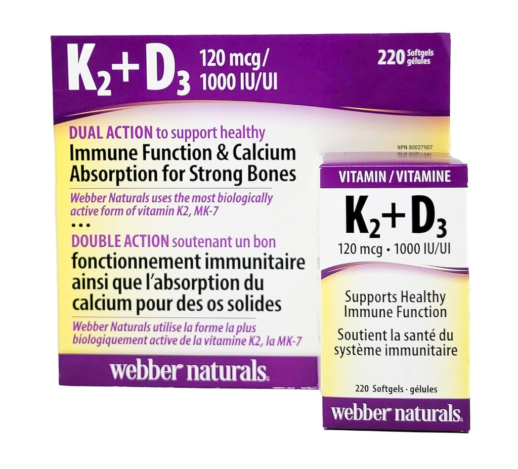 Webber Naturals K2 + D3 120 µg / 1000 j. m., Wspomaga zdrową funkcję immunologiczną - 220 softgeli