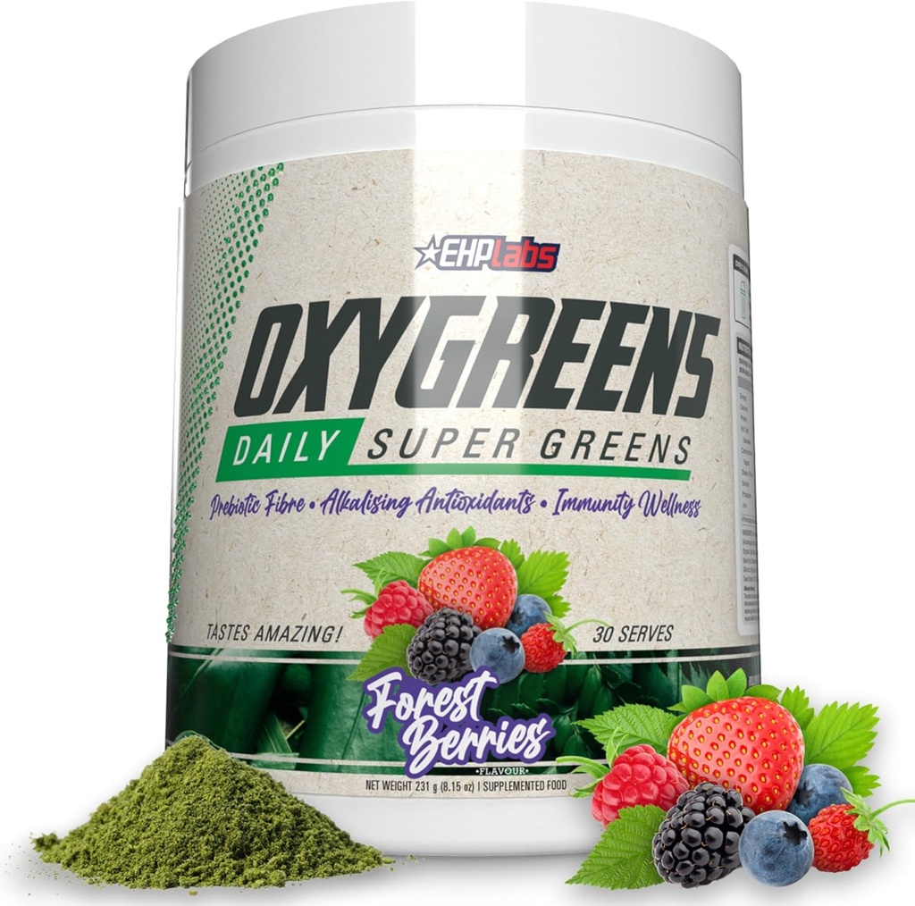 EHP Labs OxyGreens Super Zielone Proszek - Codzienne Zielone & Superfood Suplement z Spirulina, Chlorella, Prebiotyki, Enzymy trawienne, Przeciwutleniacze - 30 Słupki (Jagody leśne)