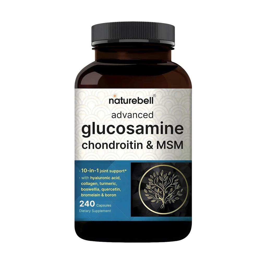 NatureBell Advanced Glucozamine Chondroitin MSM Supplement, 240 Kapsułki 124; 10- in-1 Joint Support Complex - with Hyaluronic Acid, Collagen, Turmeric, Boswellia, & More - Non-GMO