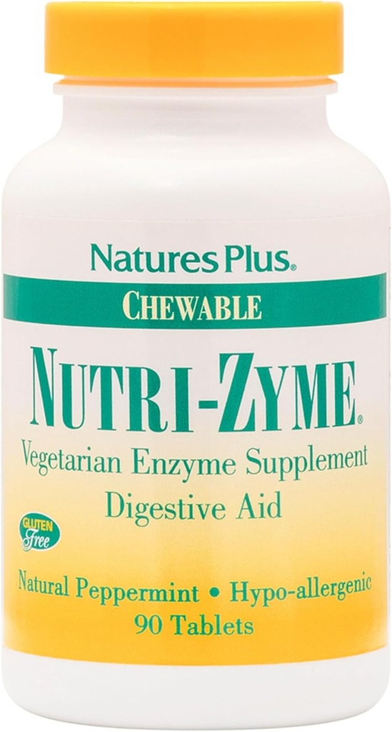 NaturesPlus Nutri Zyme - 90 Tabletki do rozgryzania i żucia, Flavor z mięty peppermint - Suplement Enzymu Wegetariańskiego z Bromelain & Papain, Natural Digestive Aid - Gluten- Free - 45 Służenia