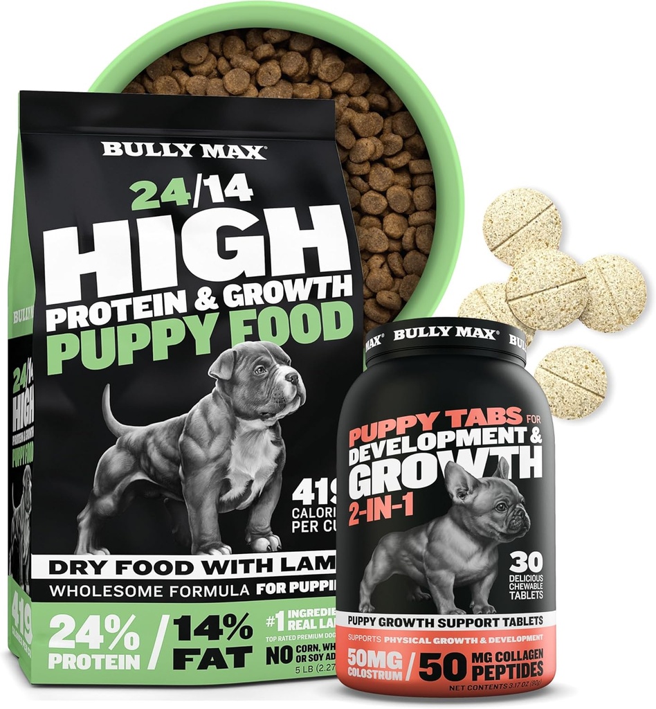 Bully Max 24 / 14 Wysokie białko Puppy Food (5lbs.) i Puppy Vitamin (30 kart do żucia) dla rozwoju i wzrostu Bundle - Mięśnie, immunologiczne, kości i żywienia w małych i dużych szczeniąt Rasa
