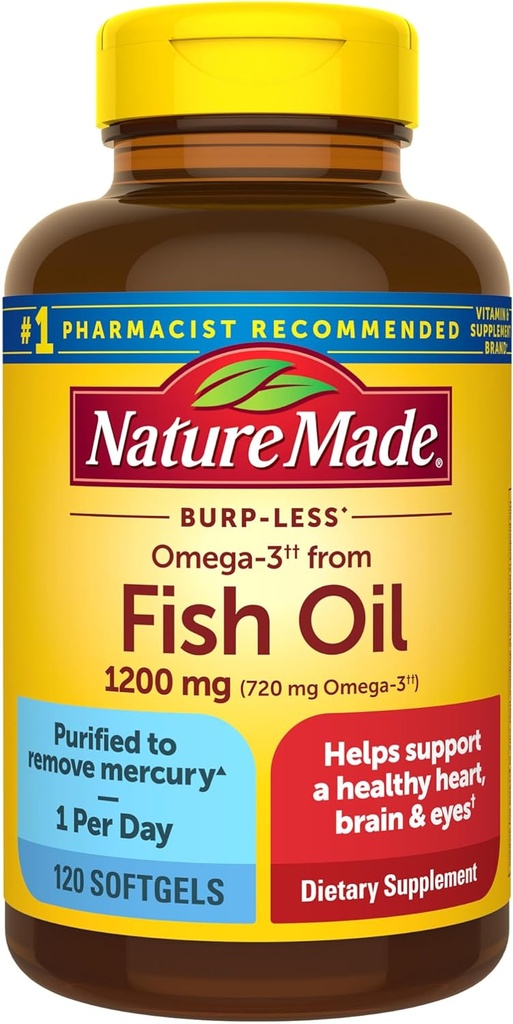 Nature Made Burp Mniej Omega 3 Suplementy oleju rybnego, 1200mg, EPA DHA Omega 3 Suplement jako Estery etylowe, Softgels oleju rybnego dla zdrowego serca, Mózg i wsparcie oczu, Jeden dzień, 120 Softgels