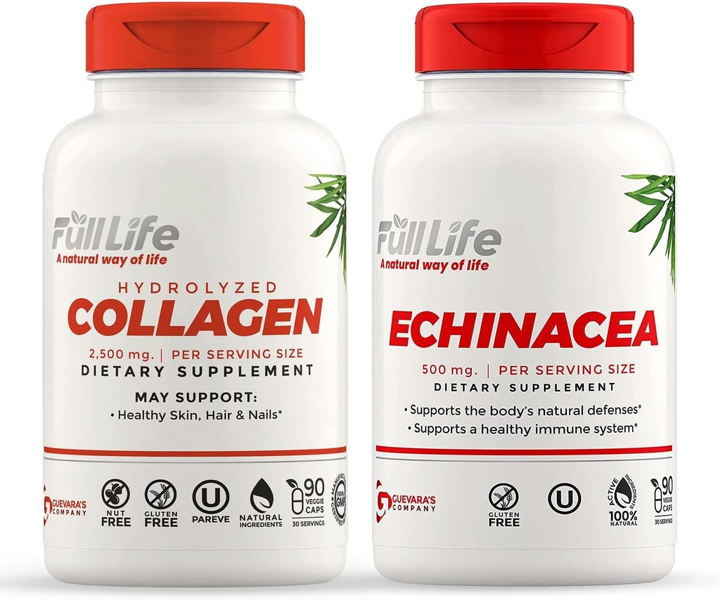 Full Life Zhydrolizowany Kolagen i kapsułki Echinacea - Suplementy dietetyczne - Pigułki kolagenowe dla kobiet i mężczyzn - Ekstrakt Echinacea Purpurea, Gluten- Free - 90 Kapsułki Veggie Każdy