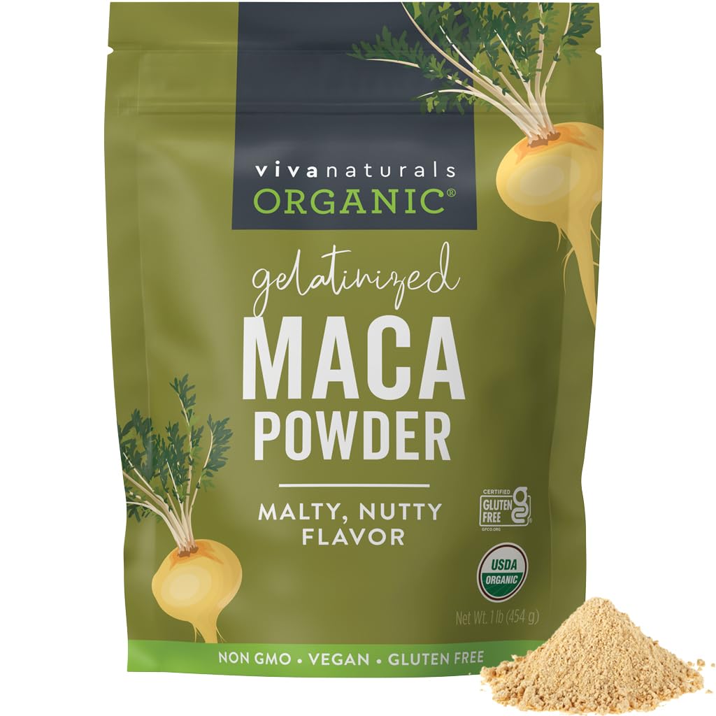 Viva Naturals Organic Maca Powder, Żelatynizowane, 16 oz (1 lb) - Wegan, USDA Organic, Gluten- Free, Nie-GMO Peruwiańskie Superfood w Resealable Bag