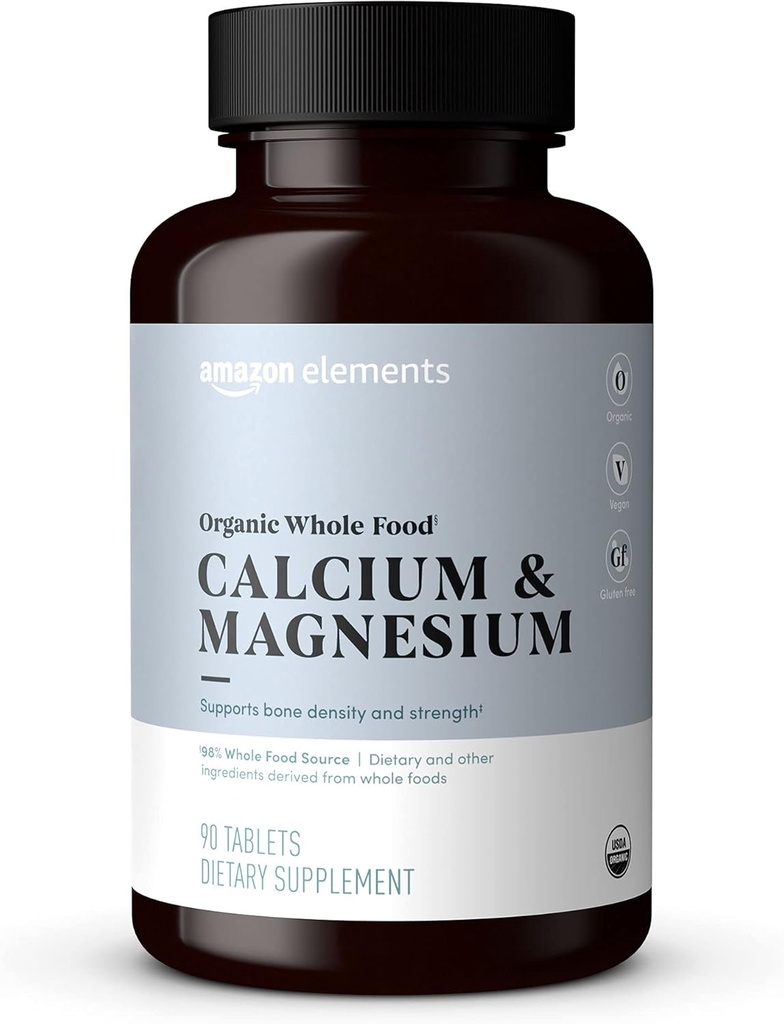 Elementy - organiczna cała żywność Wapń i magnez, Wegan, Gluten Free, 90 tabletek